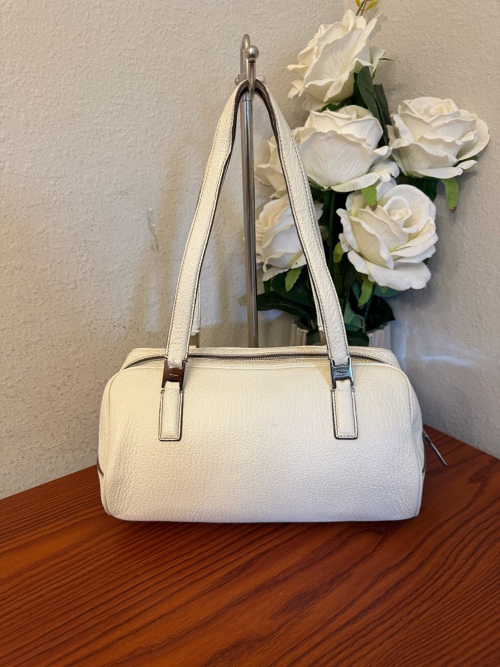 Salvatore Ferragamo White Pebbled Leather Shoulder Bag